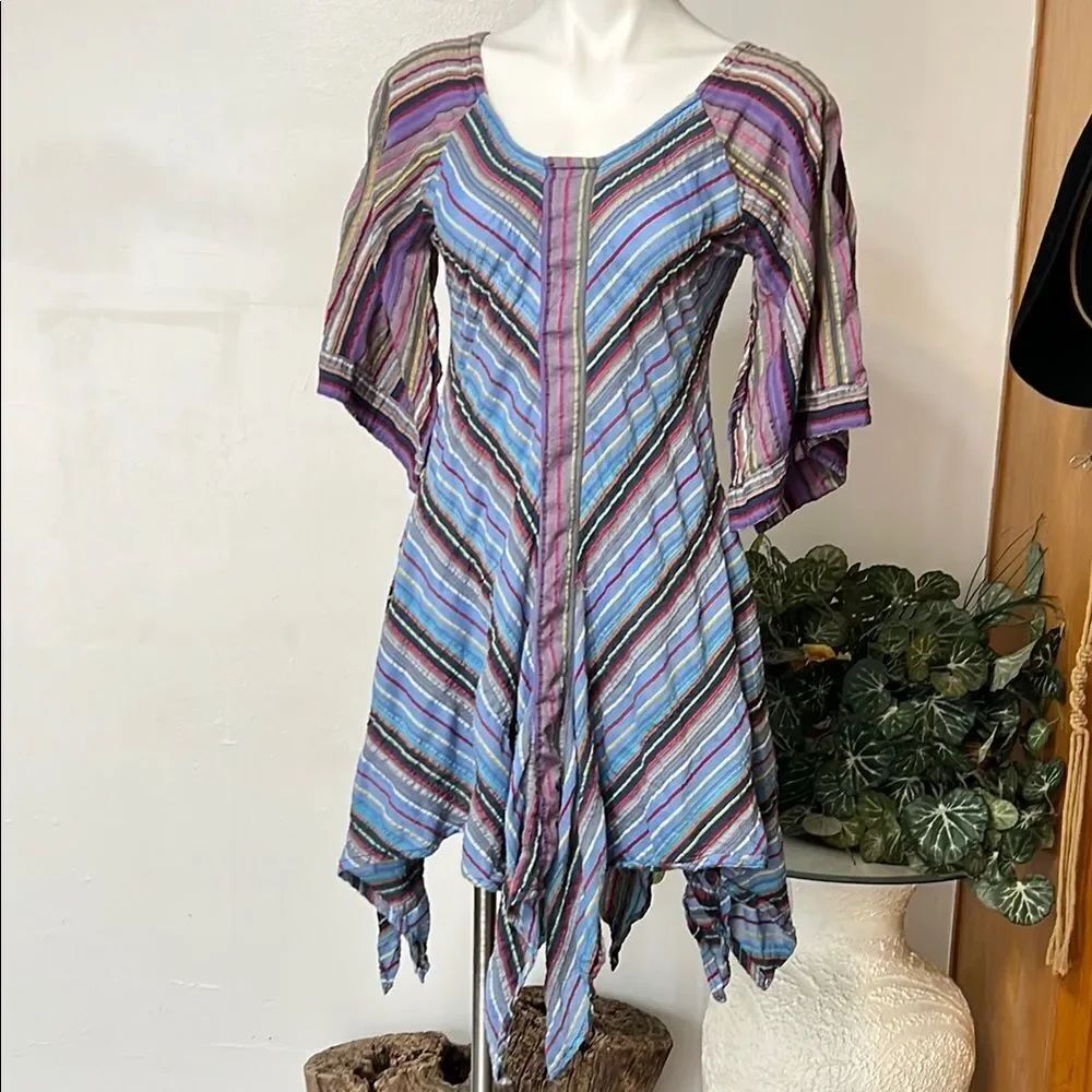 Rising International Striped Asymmetrical Dress in Purple and Blue